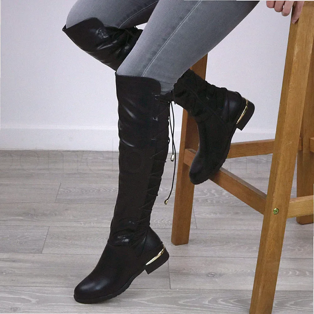 DAMEN FLACH ELASTISCH REISSVERSCHLUSS TAILLIERT OVERKNEES REITERSTIEFEL GRÖSSE