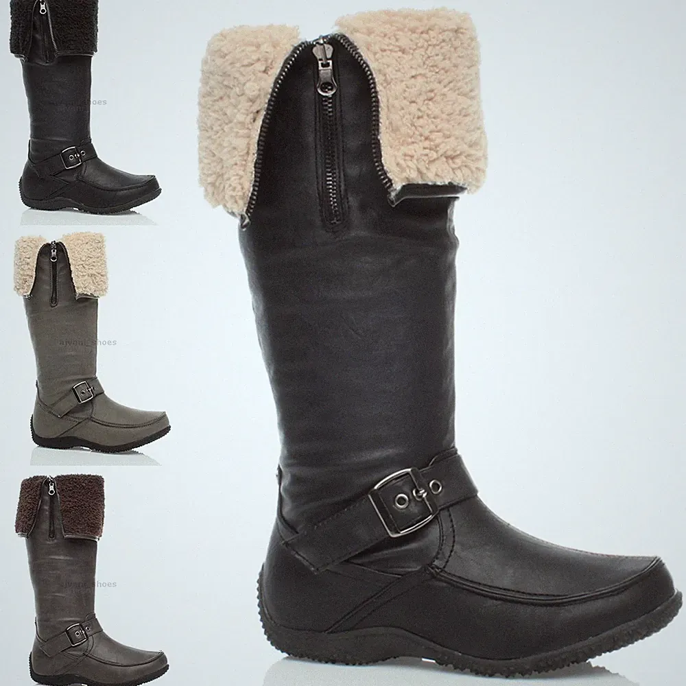 Damen flach Kleiner Absatz Klapp Fell Stulpe Winter Schnee Wade kniehohe Stiefel
