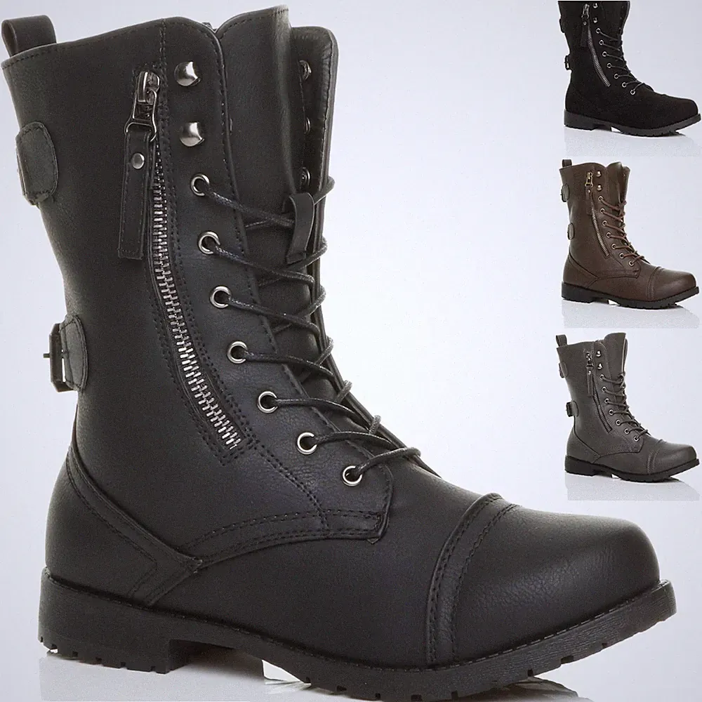 DAMEN FLACH NIEDRIGER ABSATZ ZUM SCHNÜREN REISSVERSCHLUSS COMBAT ARMY MILITÄR STIEFELETTEN GRÖSSE