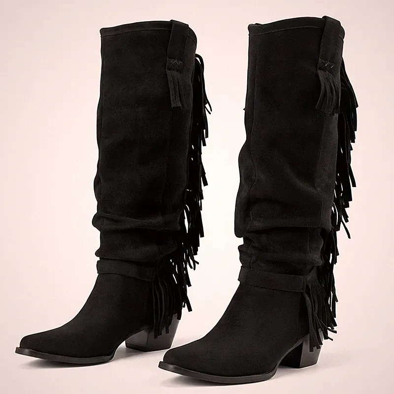 Damen Fransen Western Stiefel Spitze Blockabsatz Slouch Cowboy Winter Schuhe
