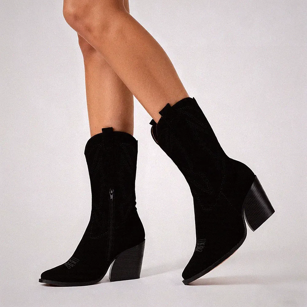 Damen Frauen Cowboy Halbhohe Stiefel Western Blockabsatz Kunst Wildleder Stiefel Größe