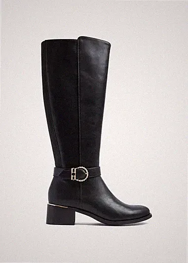 Damen Frauen Kniehoch Blockabsatz Reißverschluss Biker Reitstiefel Schwarz Größe 3-8
