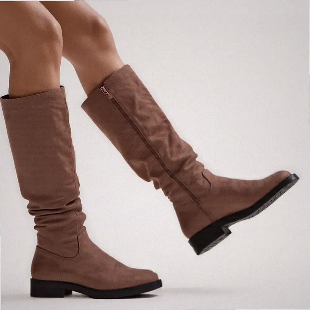 Damen Frauen Kniehohe Stiefel Slouch Boots Reitstiefel Flach Winterstiefel