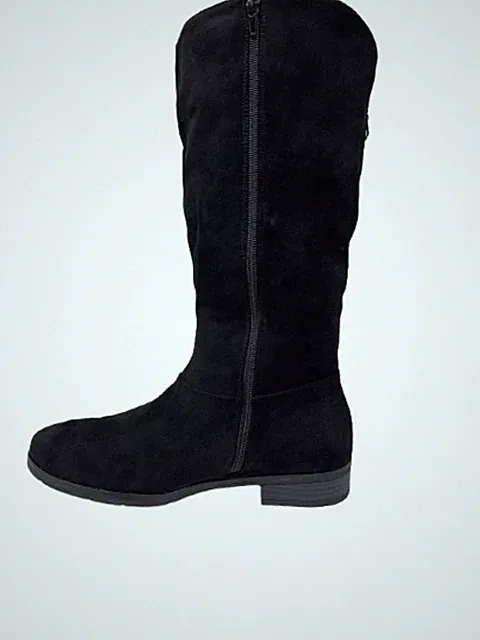 Damen Frauen Kniehohe Stiefel Wildleder Blockabsatz Reißverschluss Biker Reiten Schwarz Größe