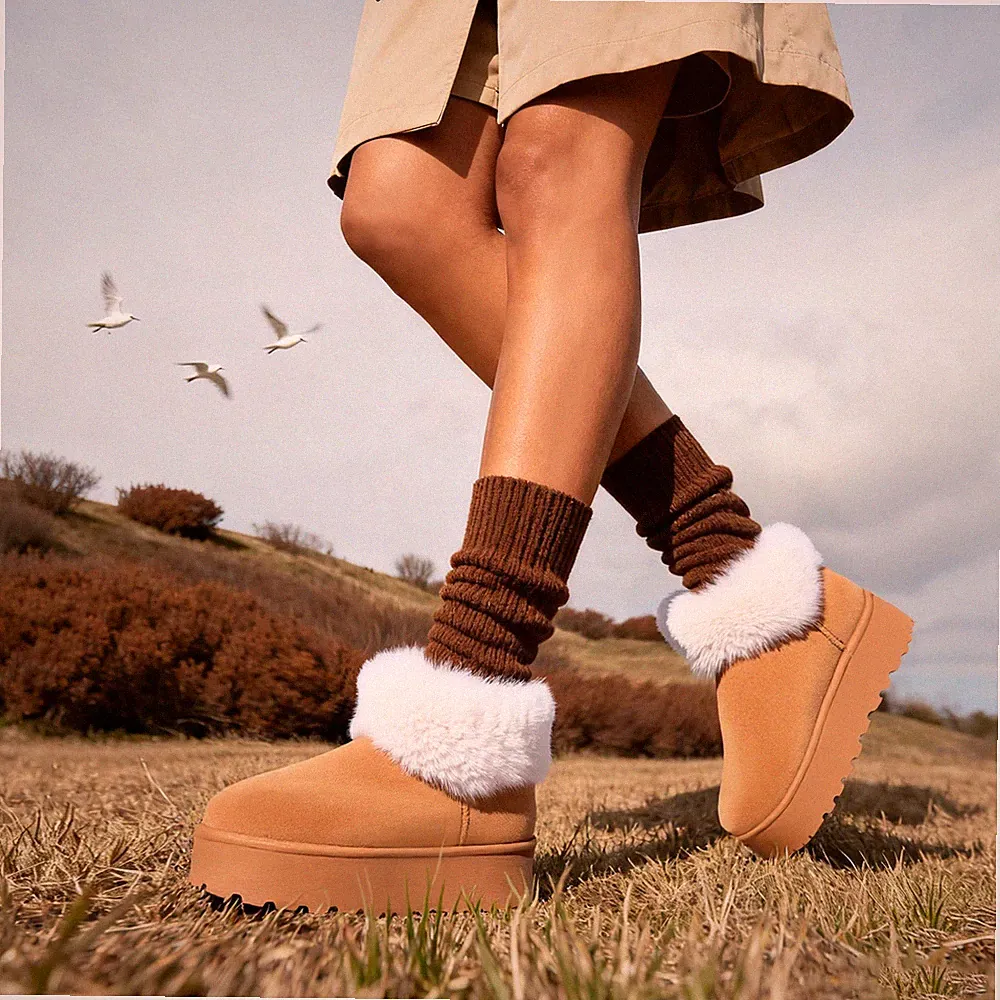 Damen Frauen Kunst Wildleder Fellkragen Winter Kuschelig Warm Slipper Kuschel Bootie Größen