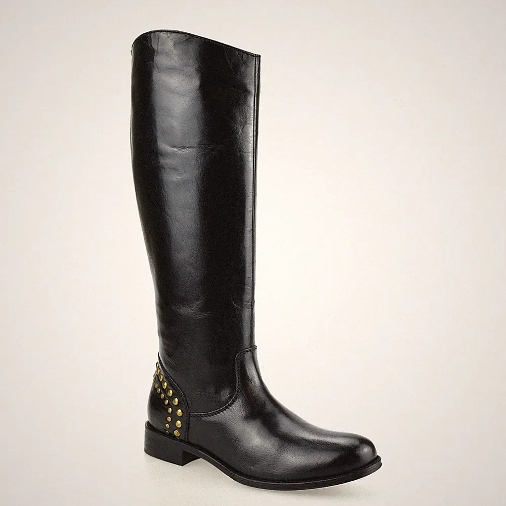 Damen Frauen Leder Kniehoch Flach Absatz Reißverschluss Biker Reitstiefel Schuhe Größe