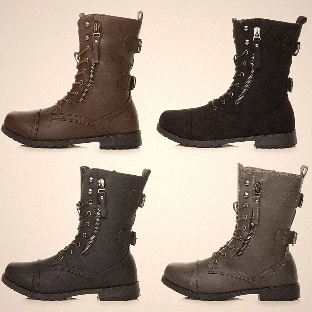 Damen Frauen Niedriger Absatz Flach Schnürung Reißverschluss Combat Biker Militär Stiefeletten Größe