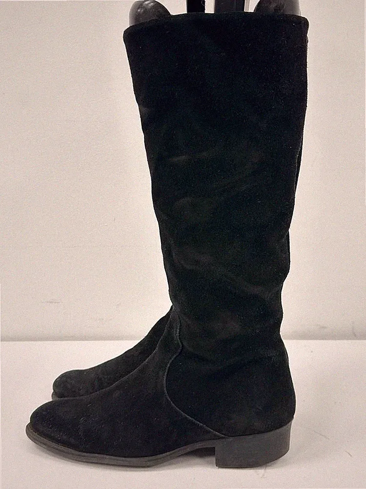 Damen Frauen Schwarz Wildleder Halbhoher Reißverschluss Blockabsatz Stiefel UK(6) EUR(39) A229