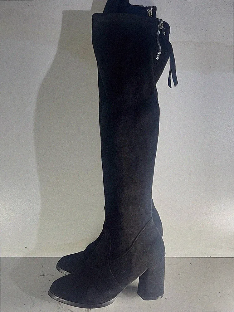 Damen Frauen Stiefel 5(38) gebraucht schwarz Wildleder Blockabsatz Overknee Stiefel -E80
