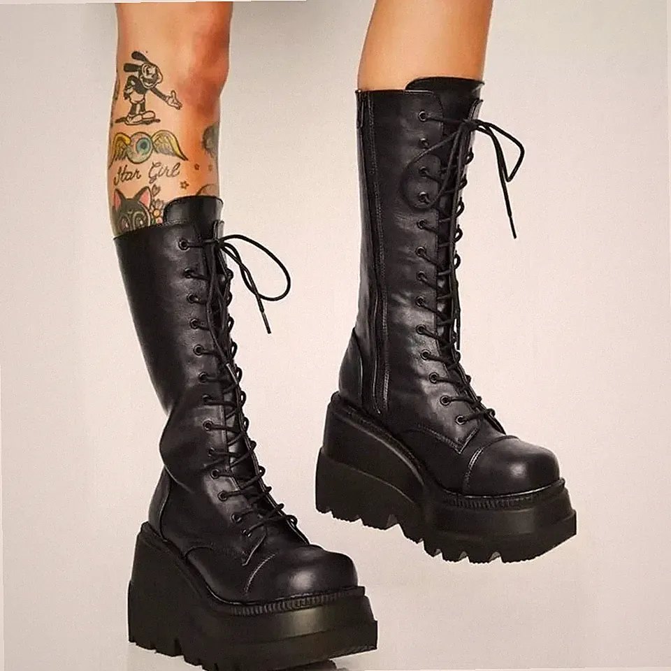 Damen Freizeit Wadenhohe Stiefel Gothic Punk Schnürer Grob Hoch Plateau Schuhe