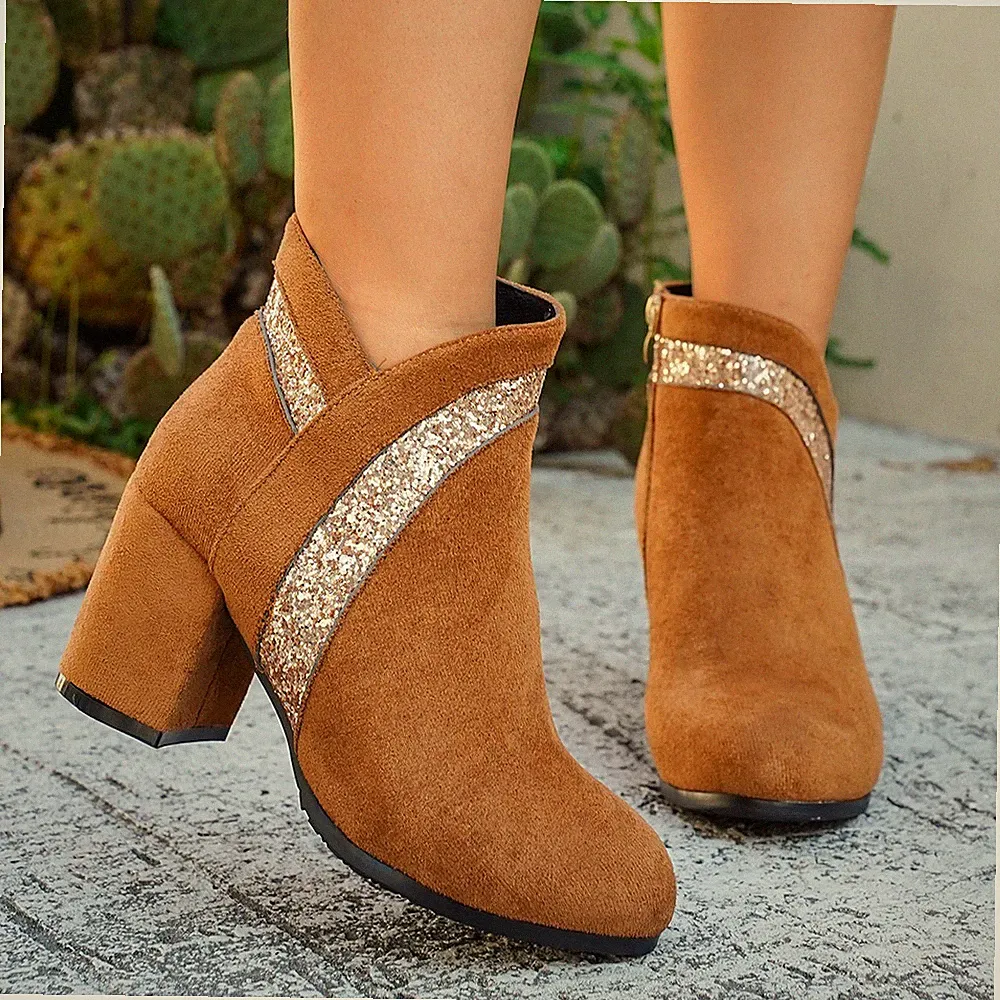 Damen Glitzer Faux-Seide Stiefeletten Blockabsatz Reißverschluss Modeshuhe