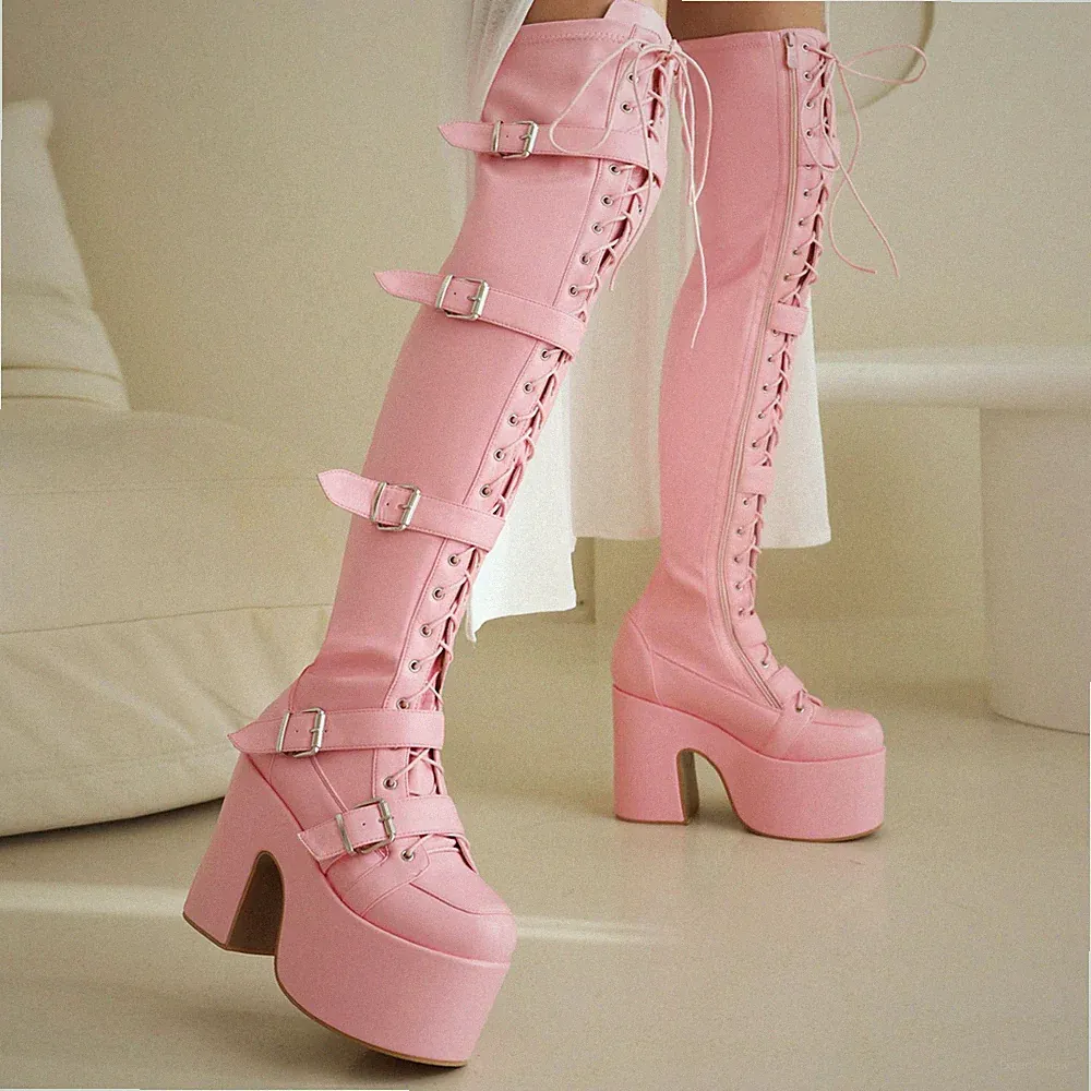 Damen Gürtelschnalle Overknee Stiefel Blockabsatz Heels Plateau Nachtclub Schuhe