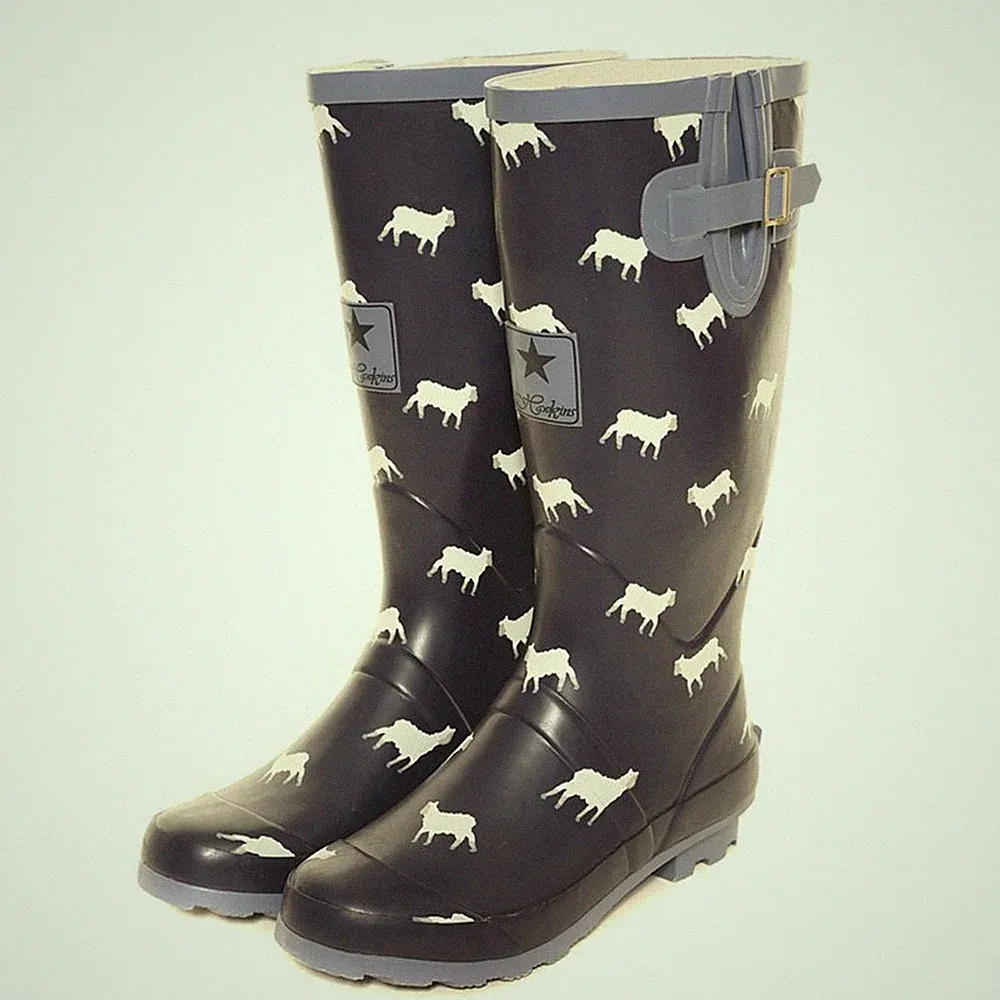 Damen Gummi Funky Print Matt Festival Gummistiefel Weite Wade Regen Schnee Gummistiefel