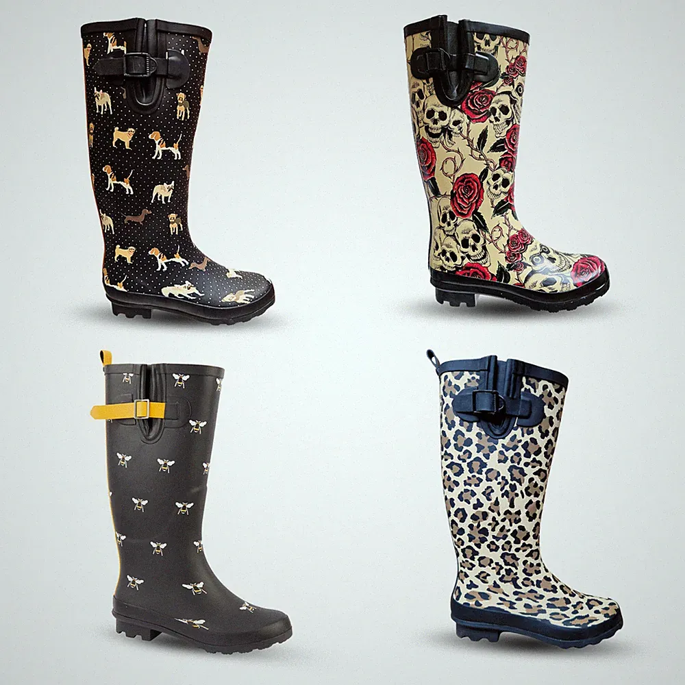 Damen Gummistiefel breite Wade Hund Pfotenabdruck wasserdicht Schnalle Winter Festival