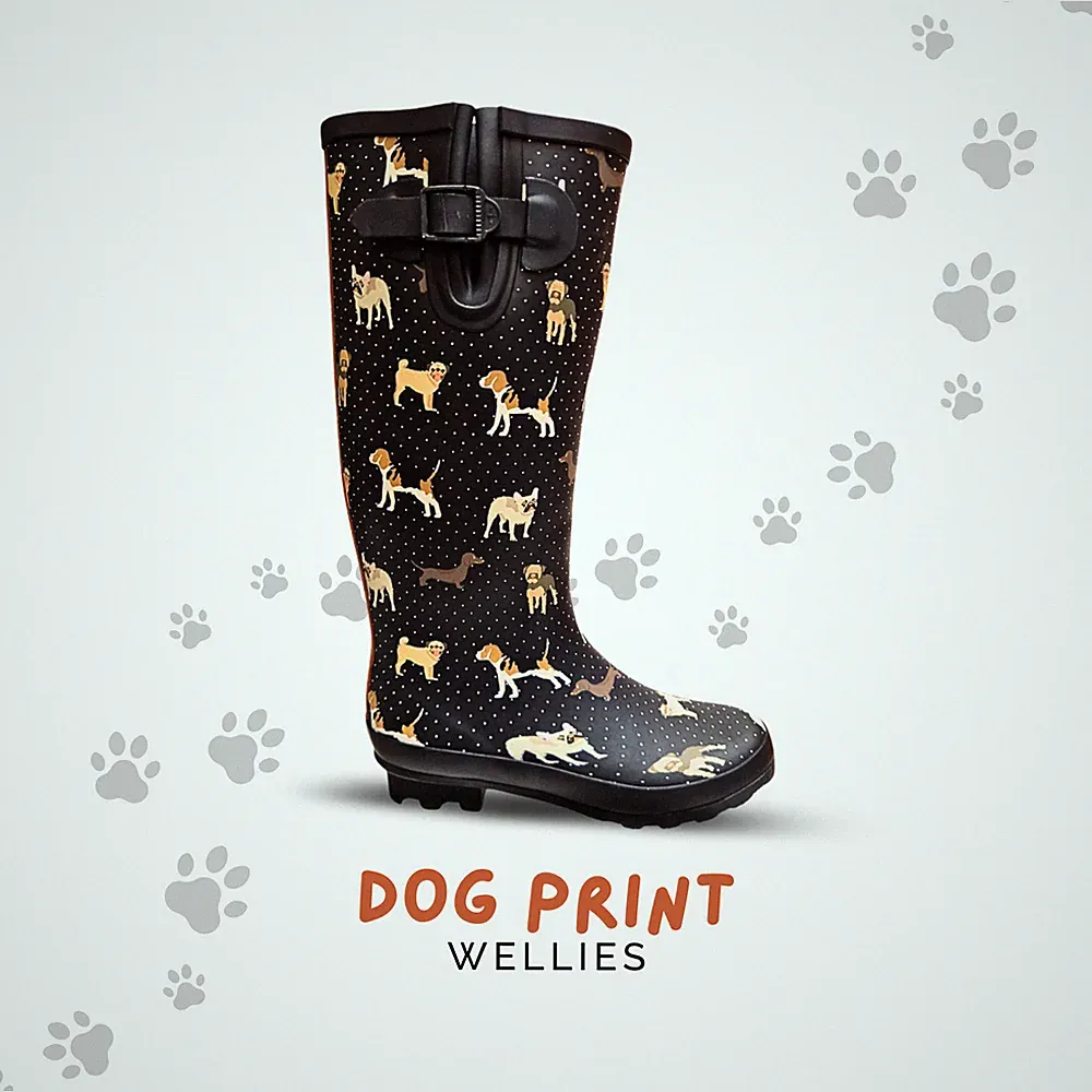 Damen Gummistiefel breite Wade Hund Pfotenabdruck wasserdicht Schnalle Winter Festival