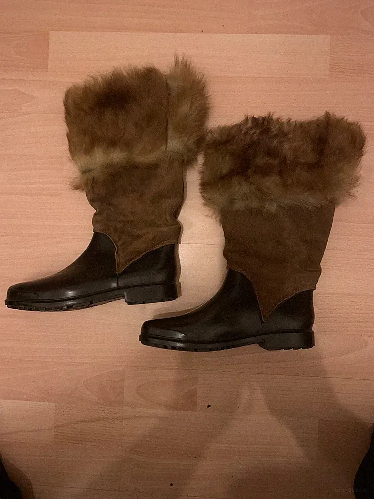 Damen Gummistiefel mit Fell aus Velours Leder Schwarz Braun Gr.37