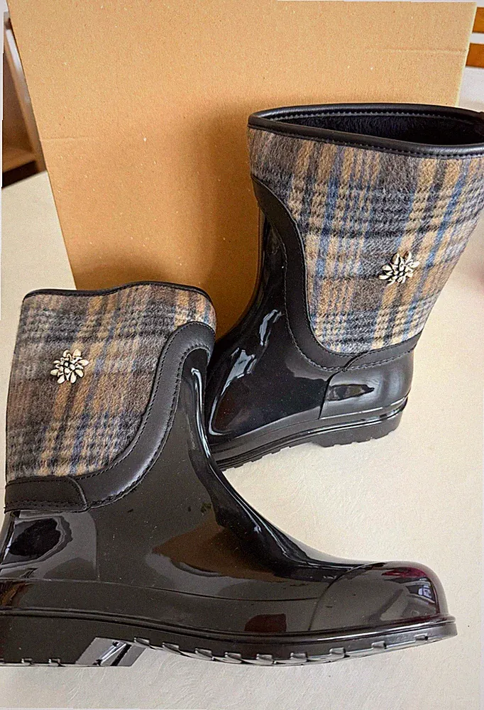 Damen Gummistiefel wadenlang Slip-On flach rutschfest schwarz/grau kariert
