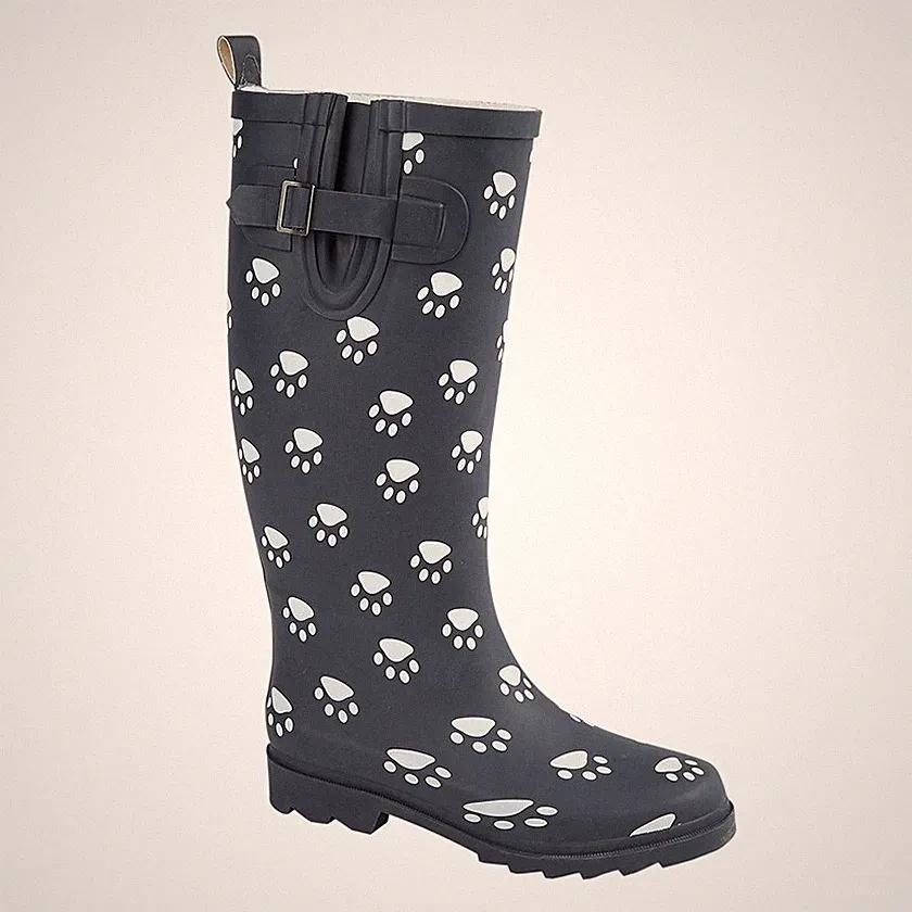 Damen-Gummistiefel weite Passform marineblau Pfotenabdruck – Riemen & Zwickel-Design
