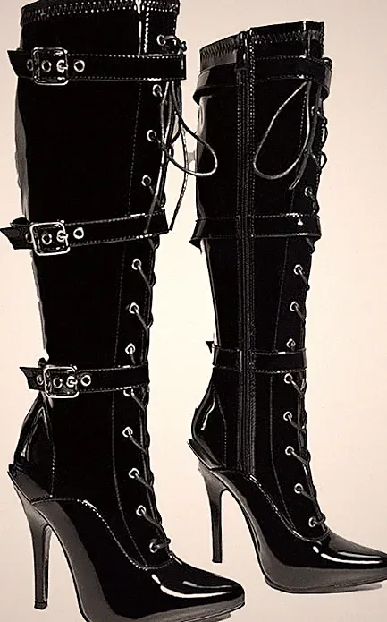 Damen High Heel Kniehohe Stiefel Schnürung Stiletto mit 3 Schnallen & seitlichem Reißverschluss