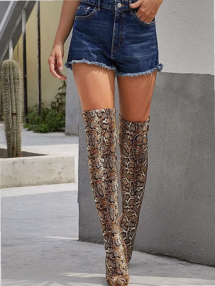 Damen High Heel Overknee Stiefel mit Schlangenmuster Strech EU gr 40 Neu