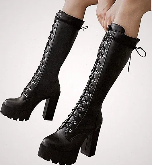 Damen High Heels Blockabsatz Kniehohe Stiefel Plateau Langschaft Stiefel Schuhe