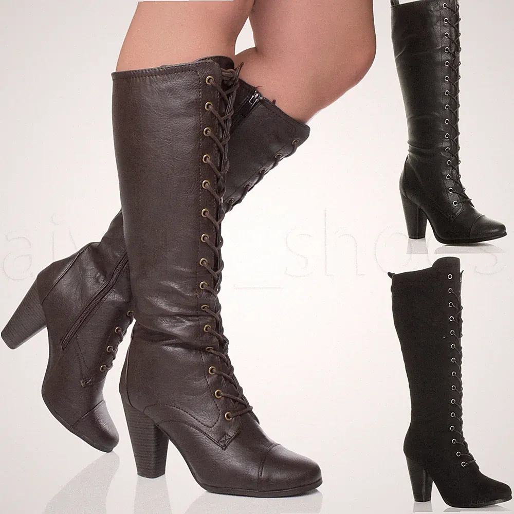 DAMEN HOHER KLOBIGER ABSATZ ZUM SCHNÜREN HALBHOHE KNIE MILITARY BIKER-STIEFEL GRÖSSE