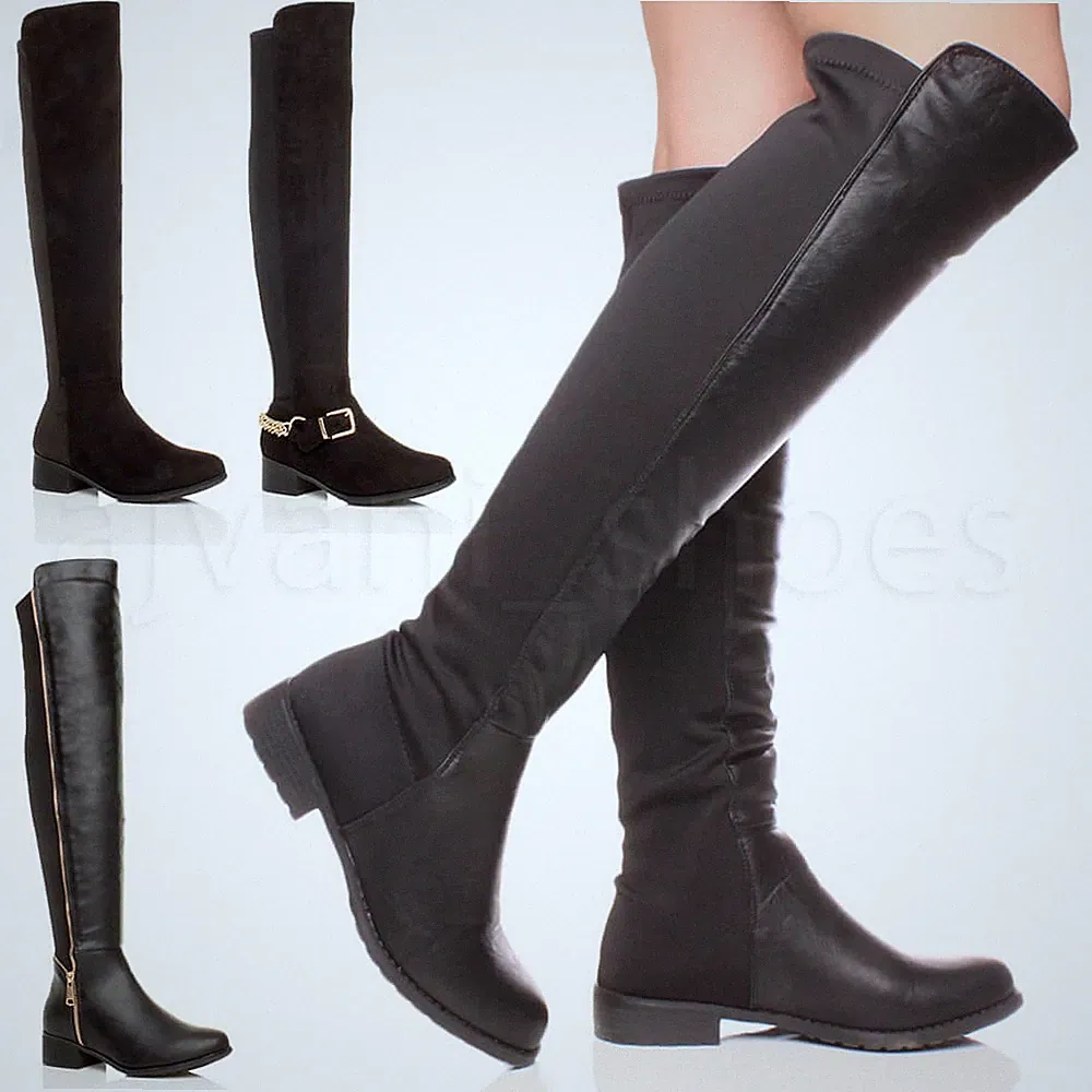 DAMEN HOHER OVERKNEES ELASTISCHER STRETCH ZUM ÜBERZIEHEN NIEDRIGER ABSATZ STIEFEL GRÖSSE