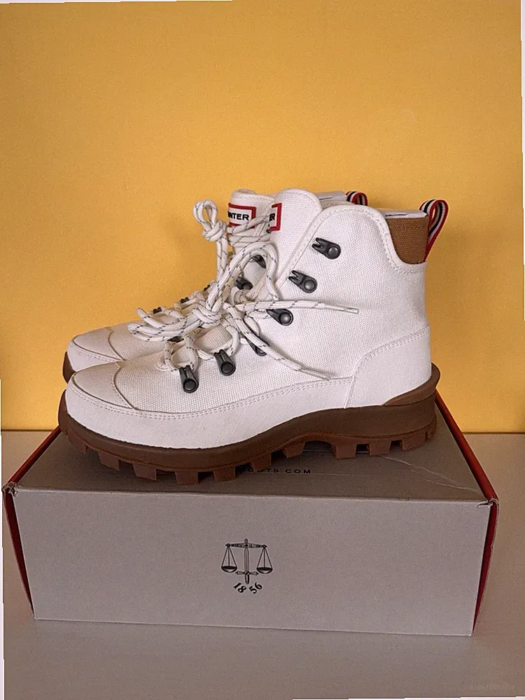 Damen Hunter Schnürboots Gr. 38 Neu Weiß Canvas Stiefeletten Boots