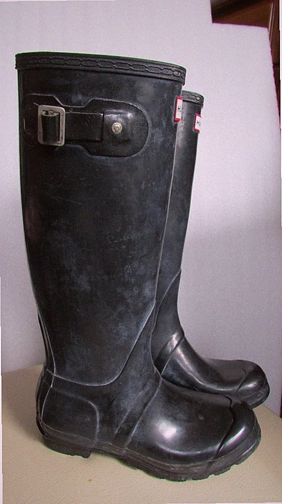 Damen HUNTER W23616 Original Hoch Glanz Schwarz/Blau Regenstiefel Größe 7