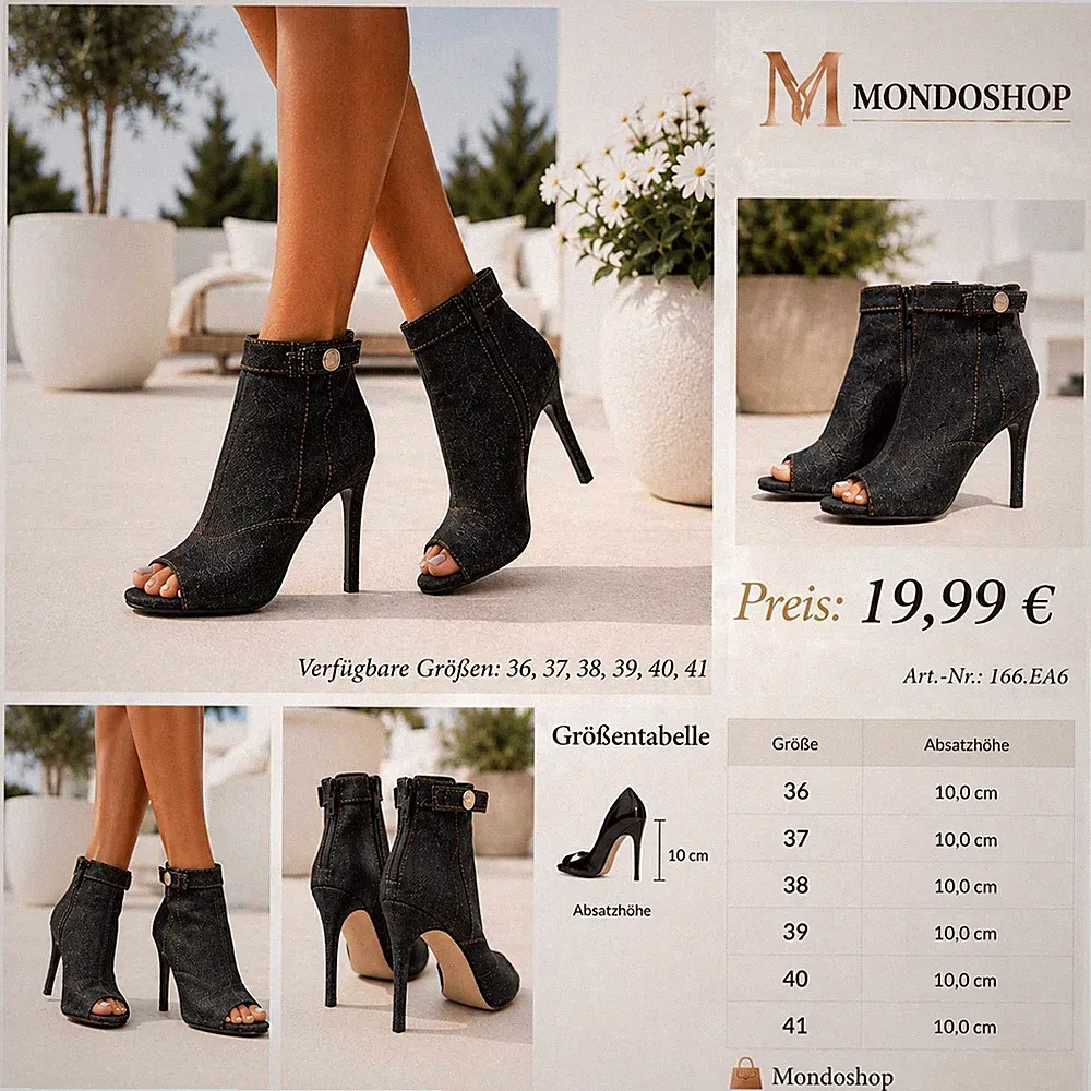 Damen Jeans Peeptoe Stiefeletten High Heels 10 cm Denim Schwarz Sandaletten