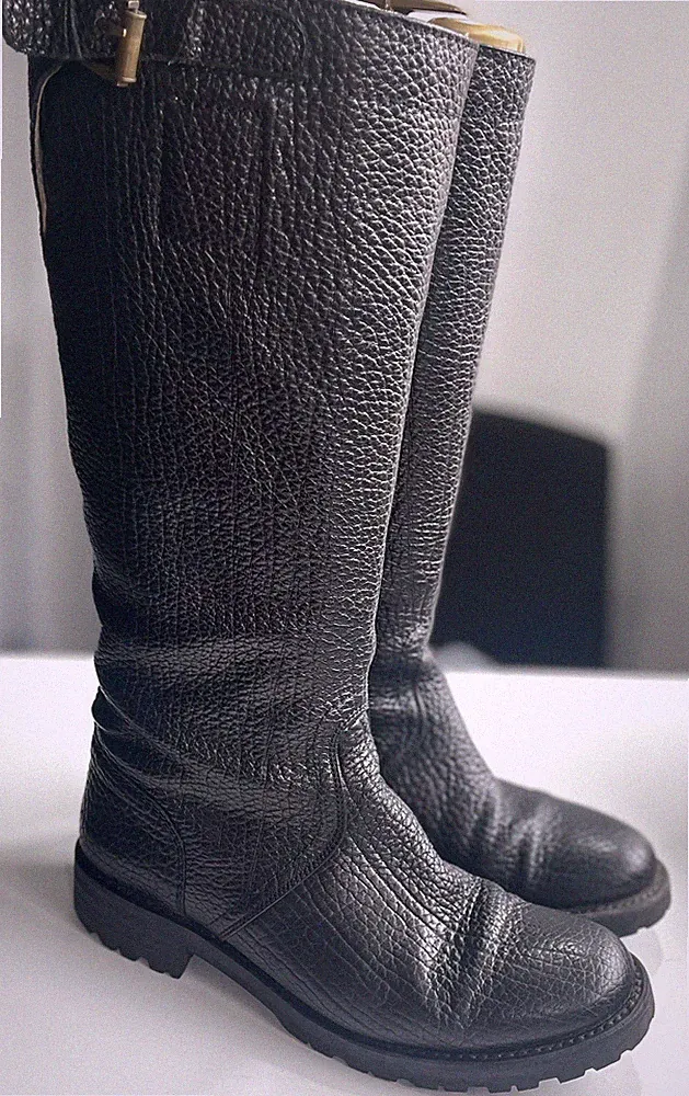 Damen Jil Sander Kniehohe Biker Schwarz Leder Schnalle Stiefel Größe UK 4 EU 37