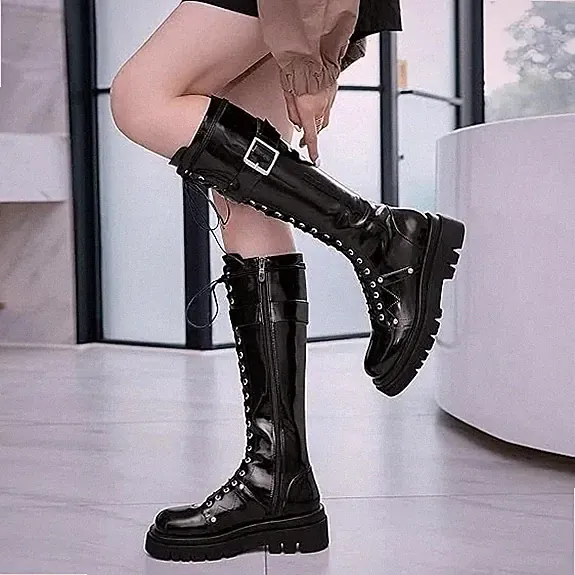Damen Knee High Combat Boots Gothic Lack Kniehohe Stiefel Schnüren Flache Schuhe