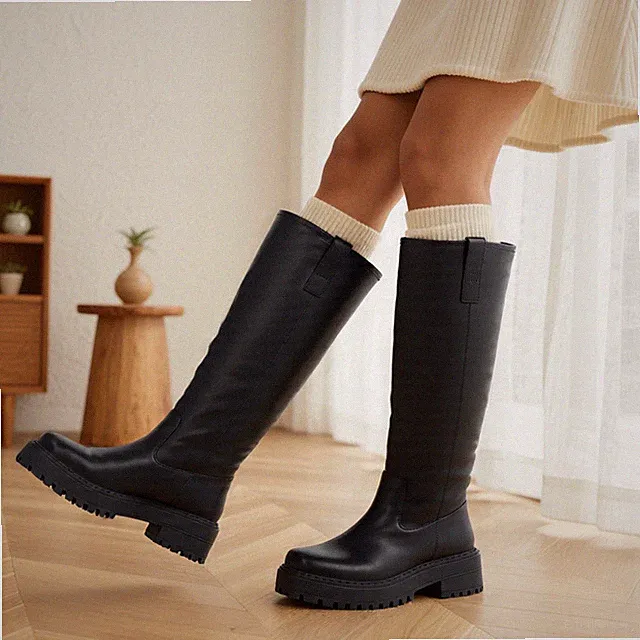 Damen Kniehohe Schwarz Stiefel Bequem Grob Blockabsatz Reitstiefel