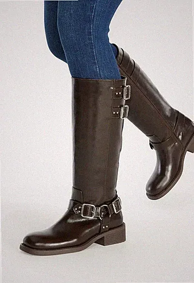 Damen-Kniestiefel, Damen-Schnalle, Biker-Stiefel mit Reißverschluss und flachem