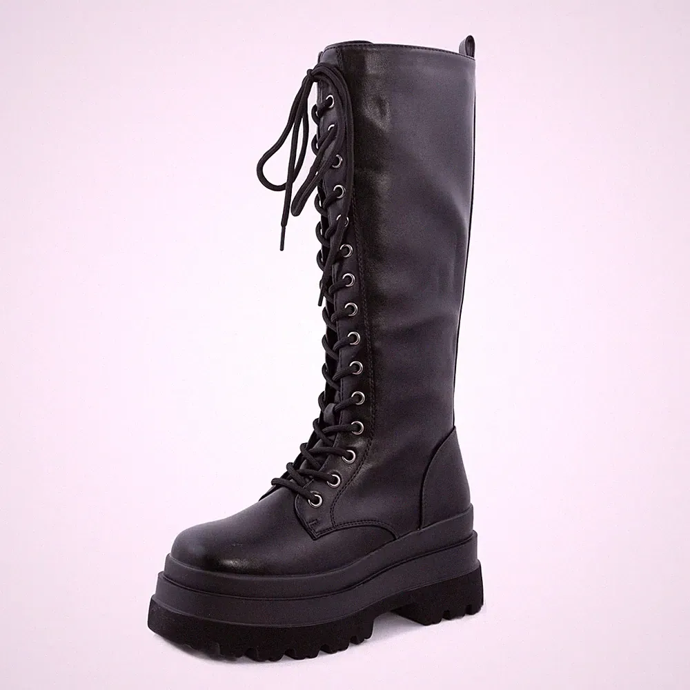 Damen Kniestiefel Schnürer Winter Flatform Kunstleder TOOCOOL HJ81