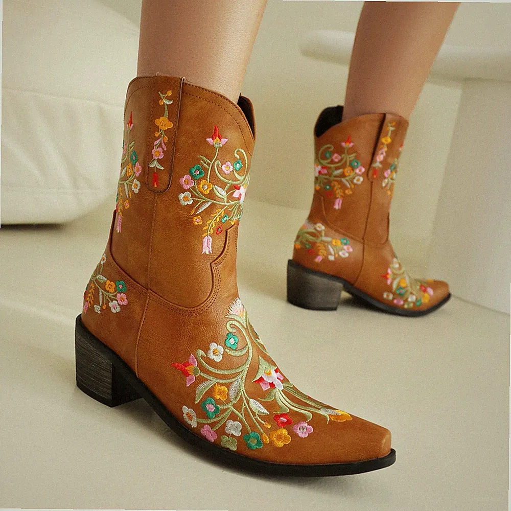 Damen Knöchel Stiefel Stiefeletten Blockabsatz Bestickt Cowboystiefel Schuhe Neu