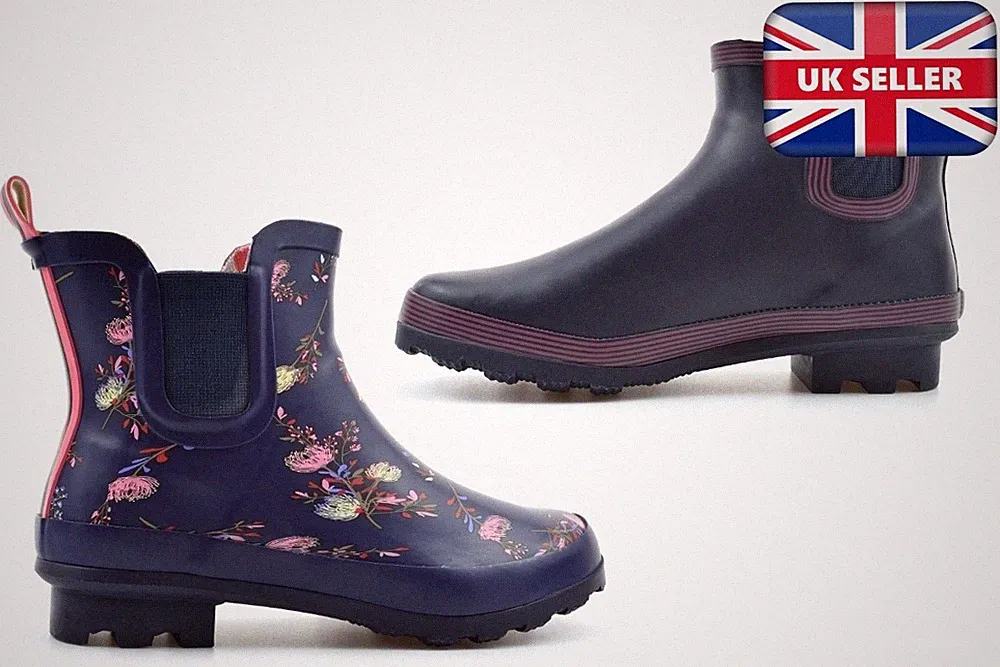 Damen Knöchelhohe Gummistiefel Damen Niedriger Absatz Gummistiefel Navy Blau