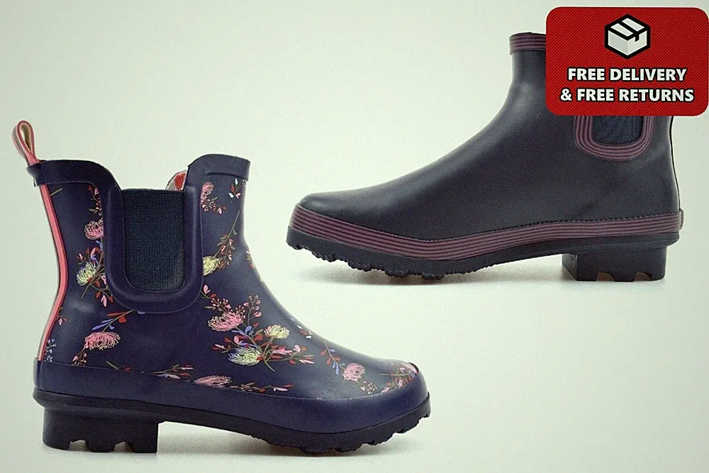 Damen Knöchelhohe Gummistiefel Damen Niedriger Absatz Gummistiefel Navy Blau