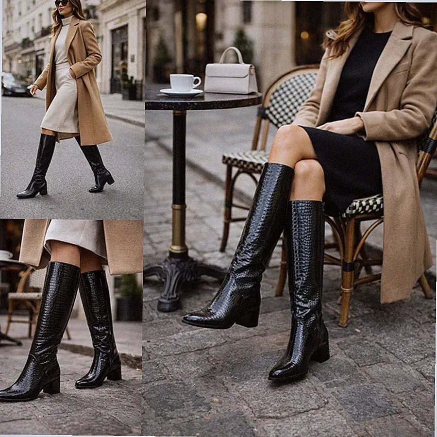 DAMEN KUNSTLEDER KROKO REISSVERSCHLUSS KNIEHOCH REITEN MODE BIKER MITTELHOHER ABSATZ STIEFEL GRÖSSE