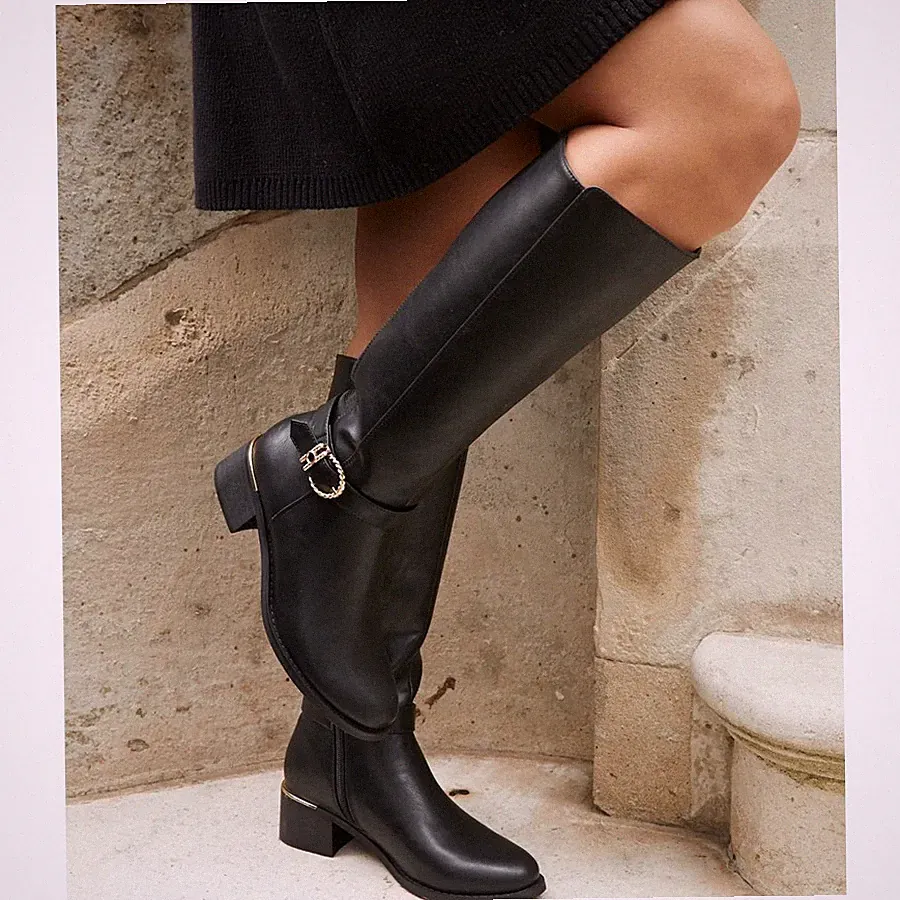 Damen Kunstleder Reißverschluss Stretch Kalb Reiten Mode Mittelhoher Absatz Schnalle Stiefel Größe