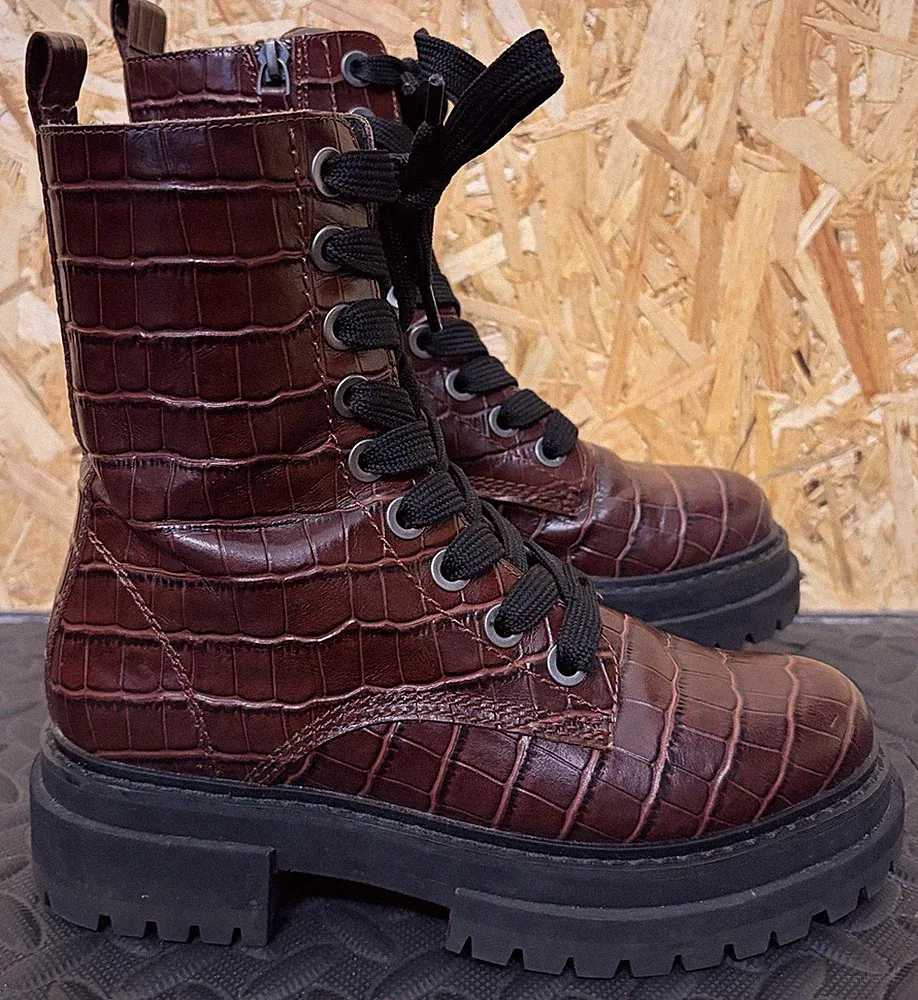 Damen Kurt Geiger London Siva Leder Stiefel. Uk3. Scheinkroko. Weinrot. SCHÖN