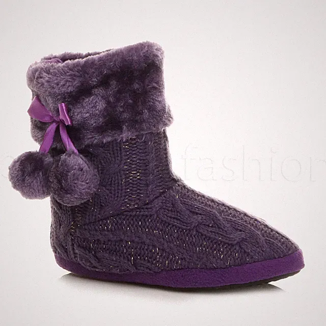 DAMEN KUSCHELIG BOMMEL WEICH FELL GEFÜTTERT STRICK STIEFELETTEN SLIPPER GRÖSSE
