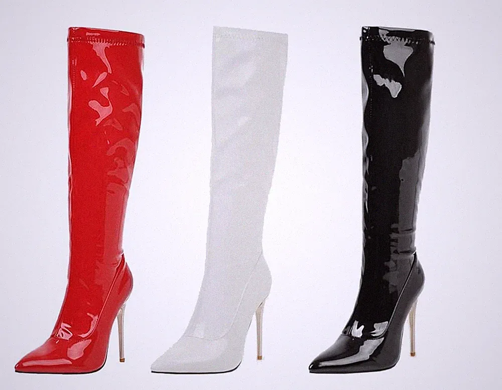 Damen Lackstiefel Kniehoch Spitze High Heels Stiefel Stiletto Knee High Boots