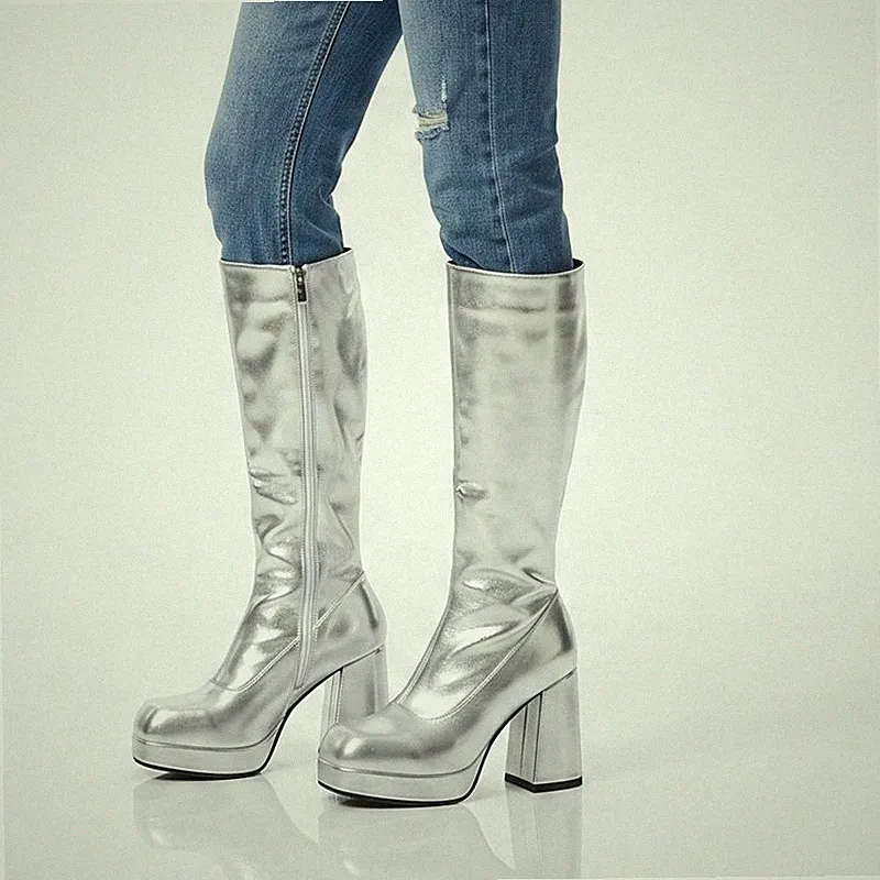 Damen Metallic Kniehohe Reitstiefel Plateau Blockabsatz mit Reißverschluss