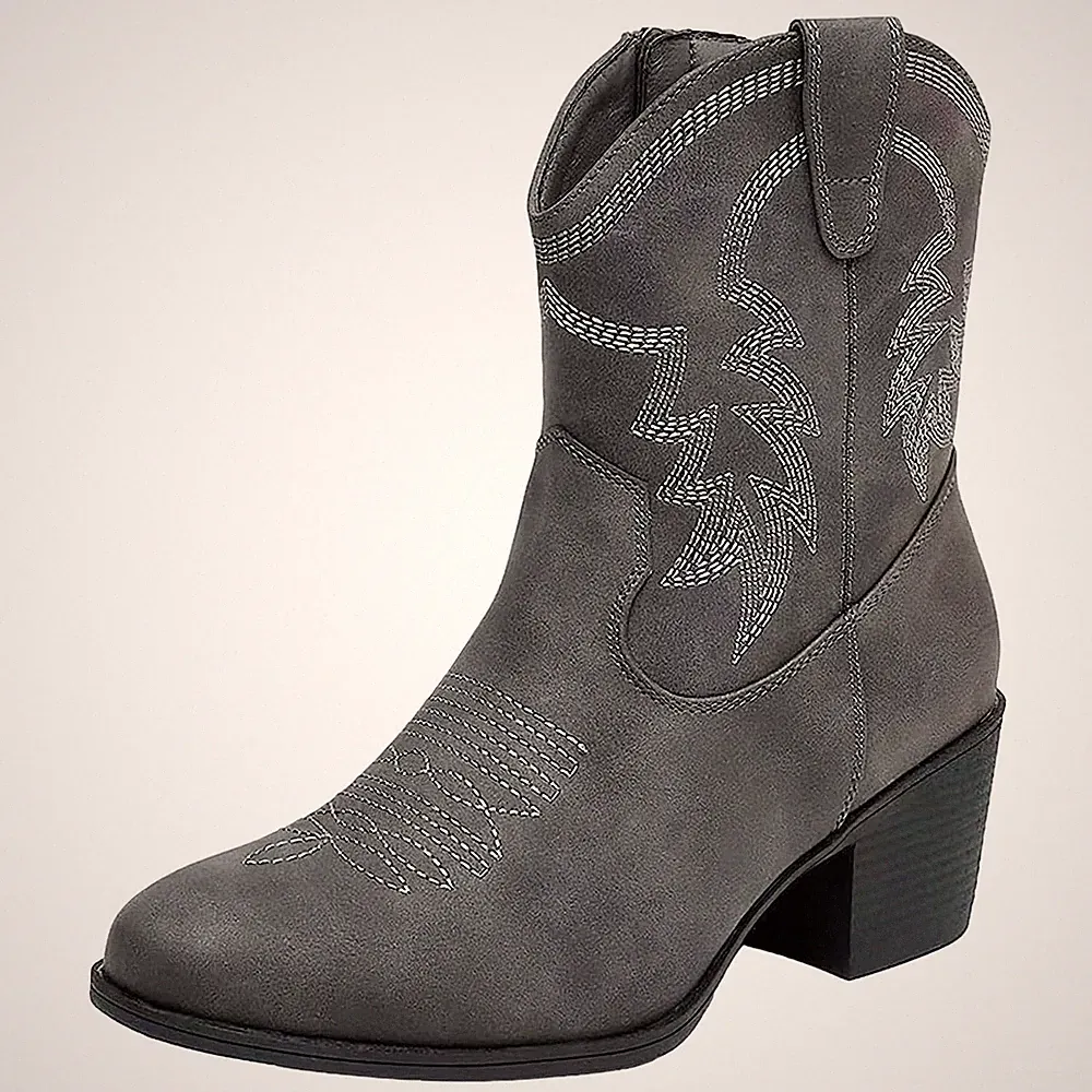 Damen Mittlere Wade Cowboystiefel Gestickt Blockferse Seitlicher Reißverschlu...