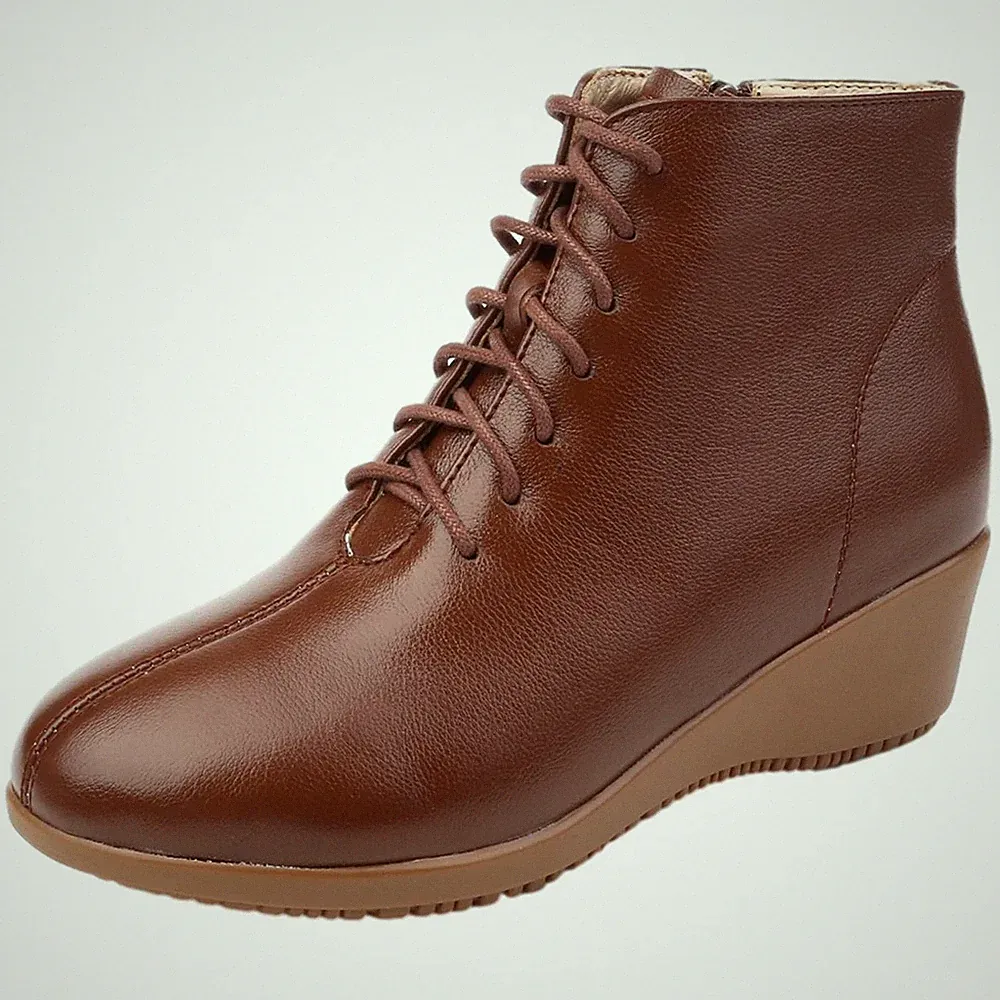 Damen Mode Echtleder Keilabsatz Stiefeletten mit Schnürung Winterstiefel mit...