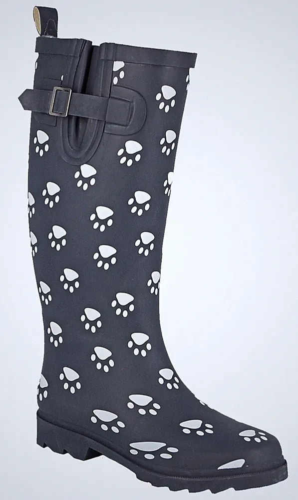 Damen Navy Pfotenabdruck Weite Wade Gummistiefel Regen Schnee Wasserdicht Gummistiefel