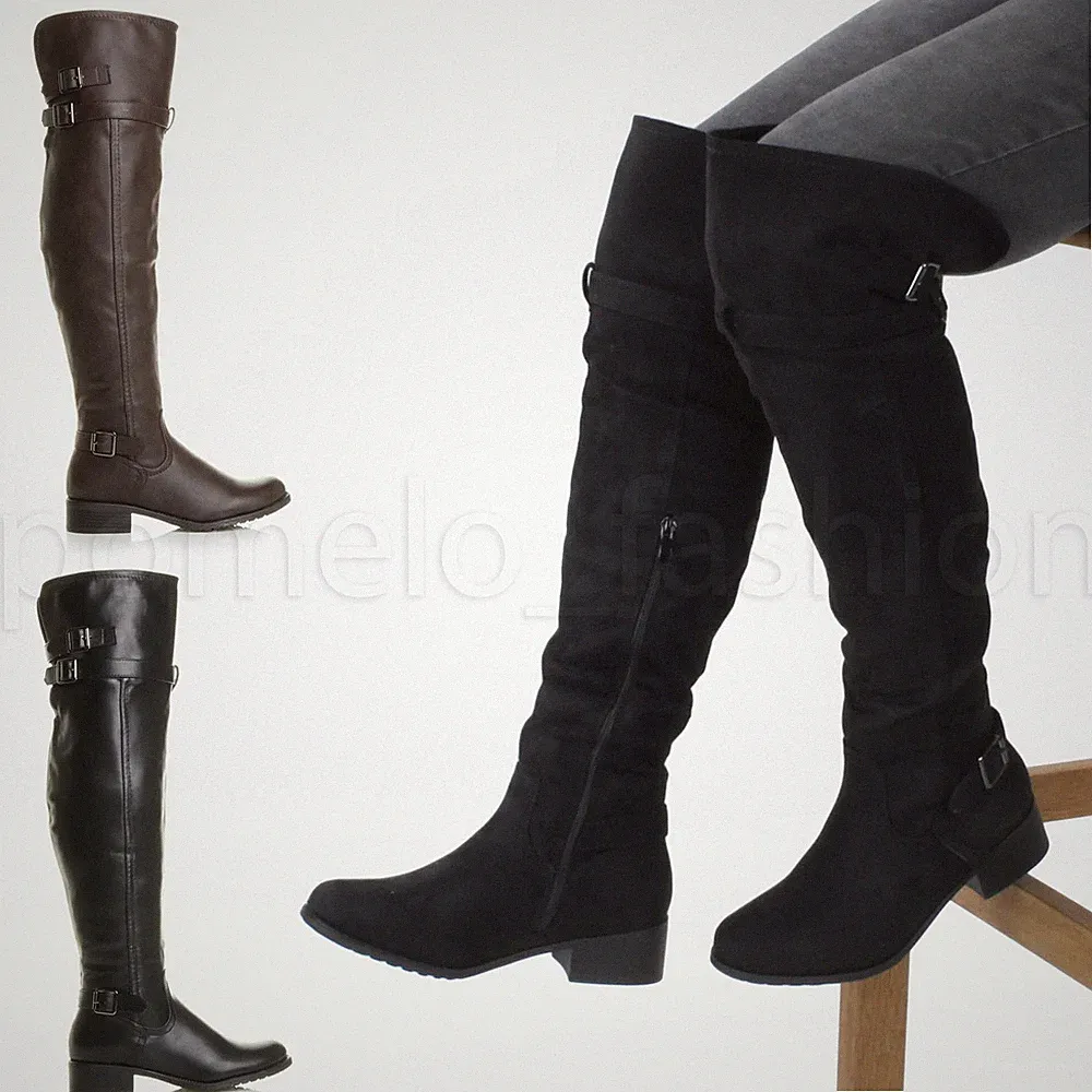 DAMEN NIEDRIGER ABSATZ FLACH OVERKNEES OVERKNEE BIKER REITERSTIEFEL GRÖSSE