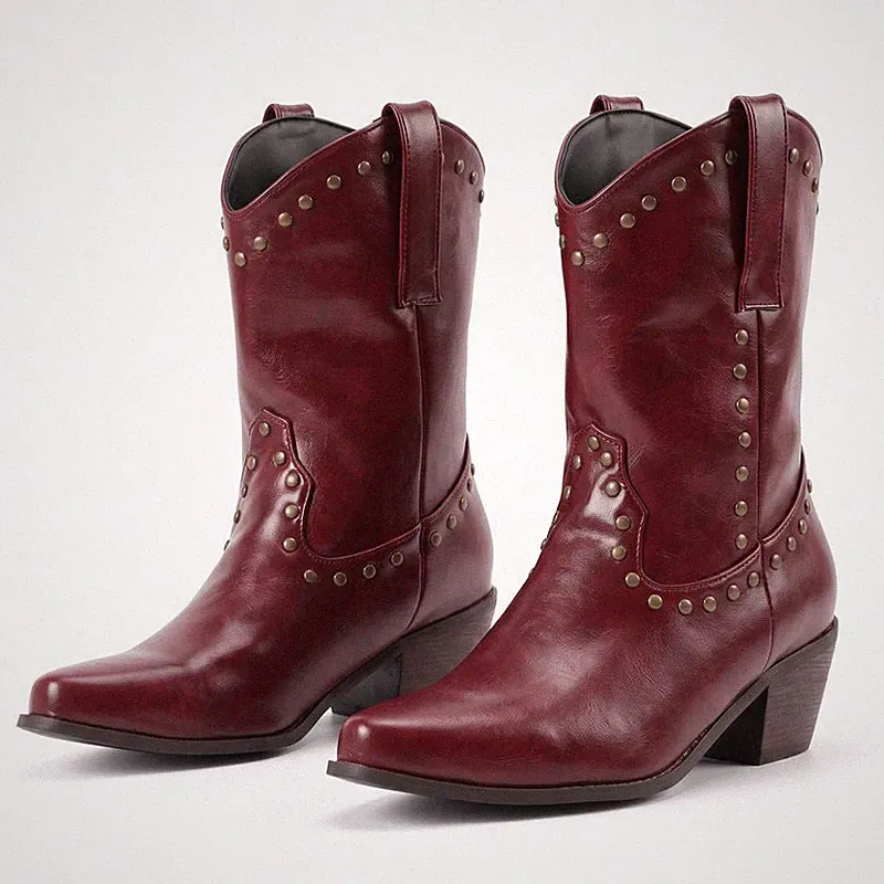 Damen Nieten Western Cowboy Stiefel Spitze Blockabsatz Pull-On Vintage Schuhe