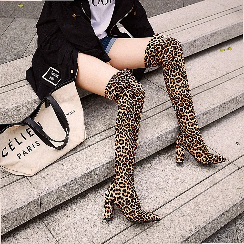 Damen Over Knee Stiefel Blockabsatz Heels Nachtclub Schuhe Boots Leopard A461